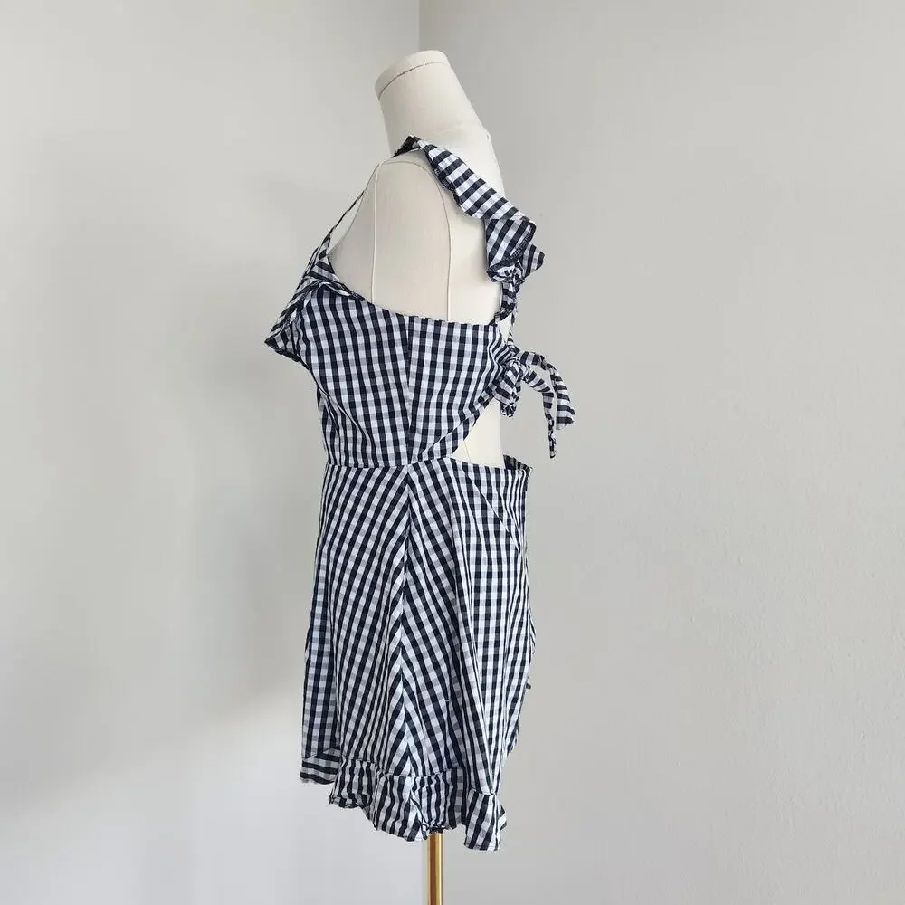 Saks Fifth Avenue Black White Gingham Ruffle Romper Tie Back Cotton Size M - Picture 2 of 6